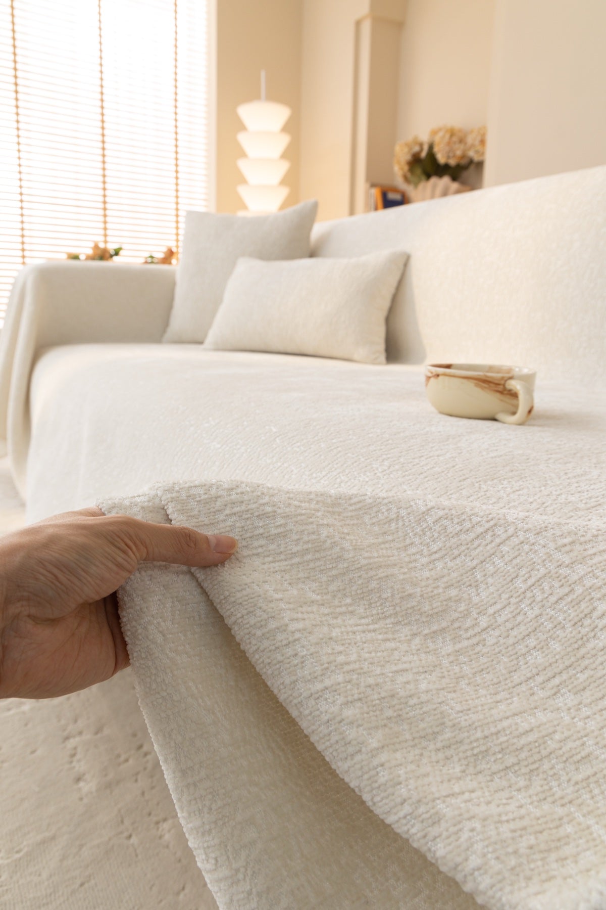 Decor Cedar Solene Textured Chenille Sofa Throw Cover in Ivory Cream - soft chenille texture detail for soft chenille couch cover in United States, image 11