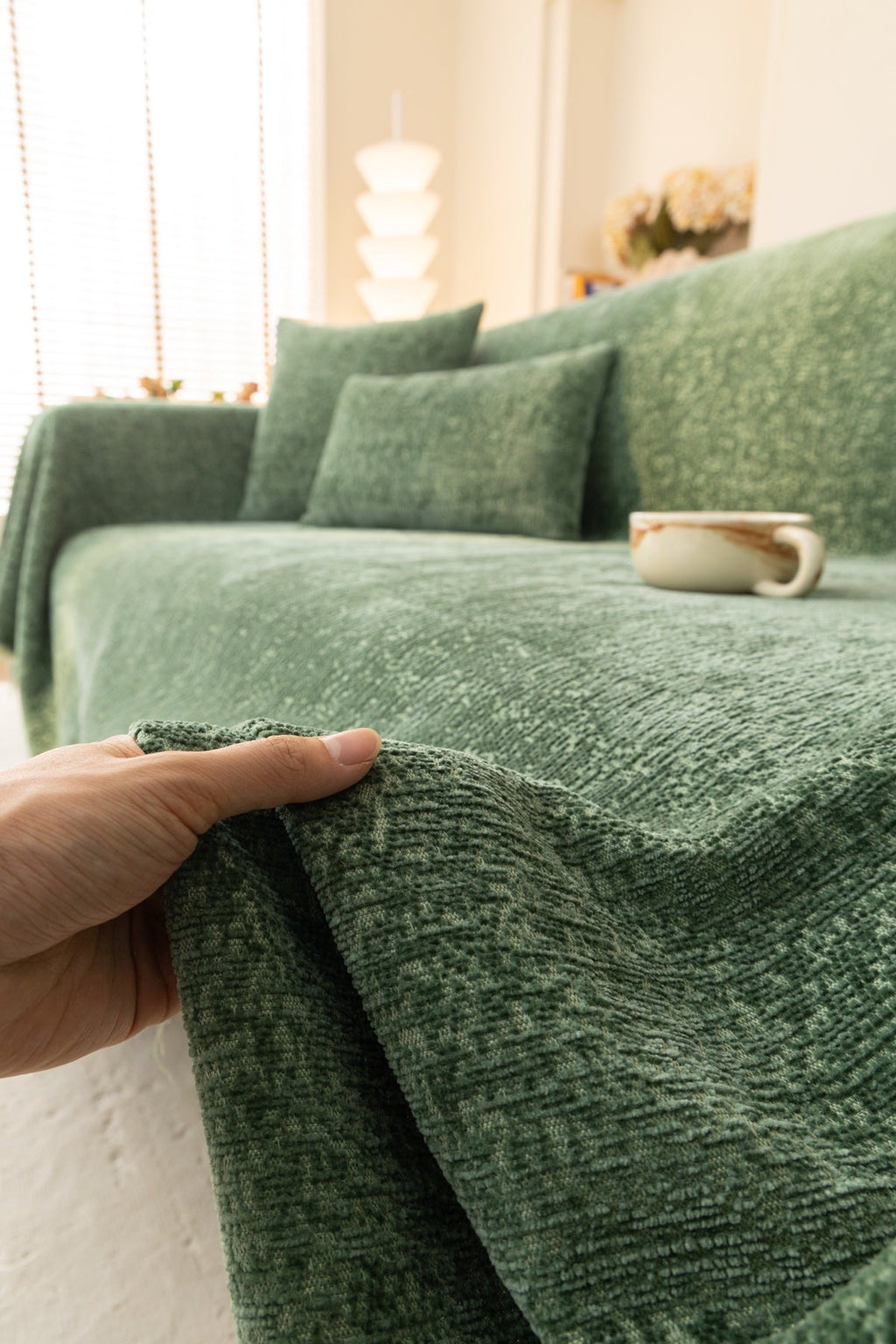 Decor Cedar Solene Textured Chenille Sofa Throw Cover in Sage Green - edge and drape closeup for soft chenille couch cover in United States, image 22
