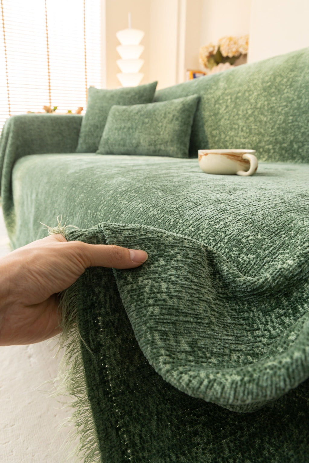 Decor Cedar Solene Textured Chenille Sofa Throw Cover in Sage Green - edge and drape closeup for soft chenille couch cover in United States, image 23