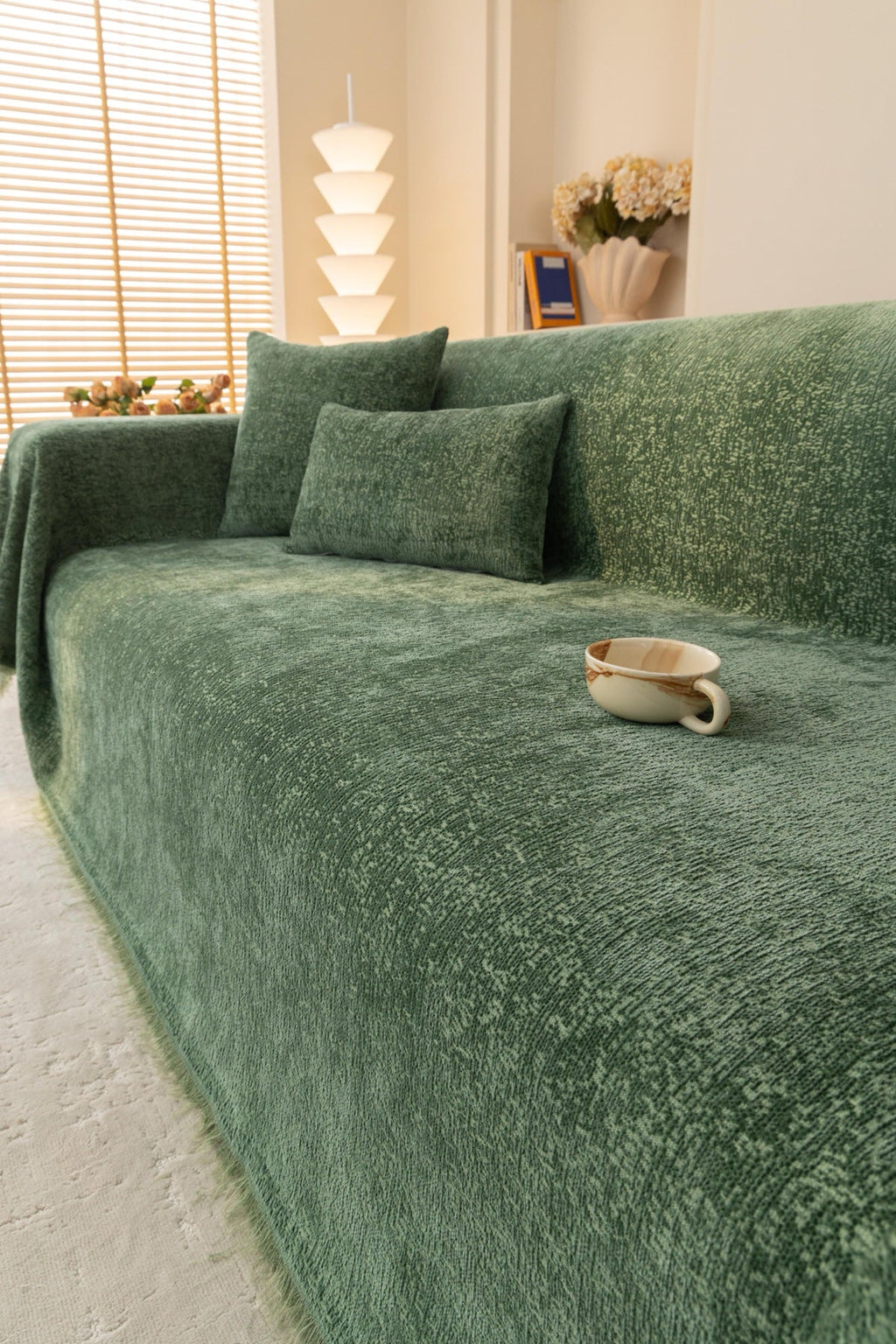 Decor Cedar Solene Textured Chenille Sofa Throw Cover in Sage Green - styled textured sofa throw cover for soft chenille couch cover in United States, image 20