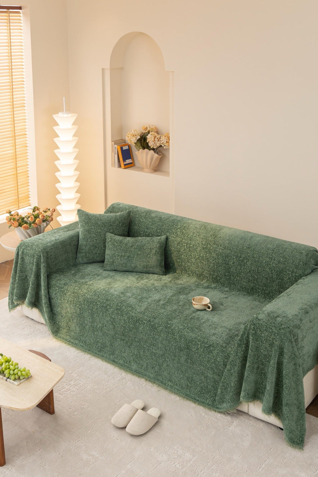 Decor Cedar Solene Textured Chenille Sofa Throw Cover in Sage Green - full sofa throw cover styling for soft chenille couch cover in United States, image 15