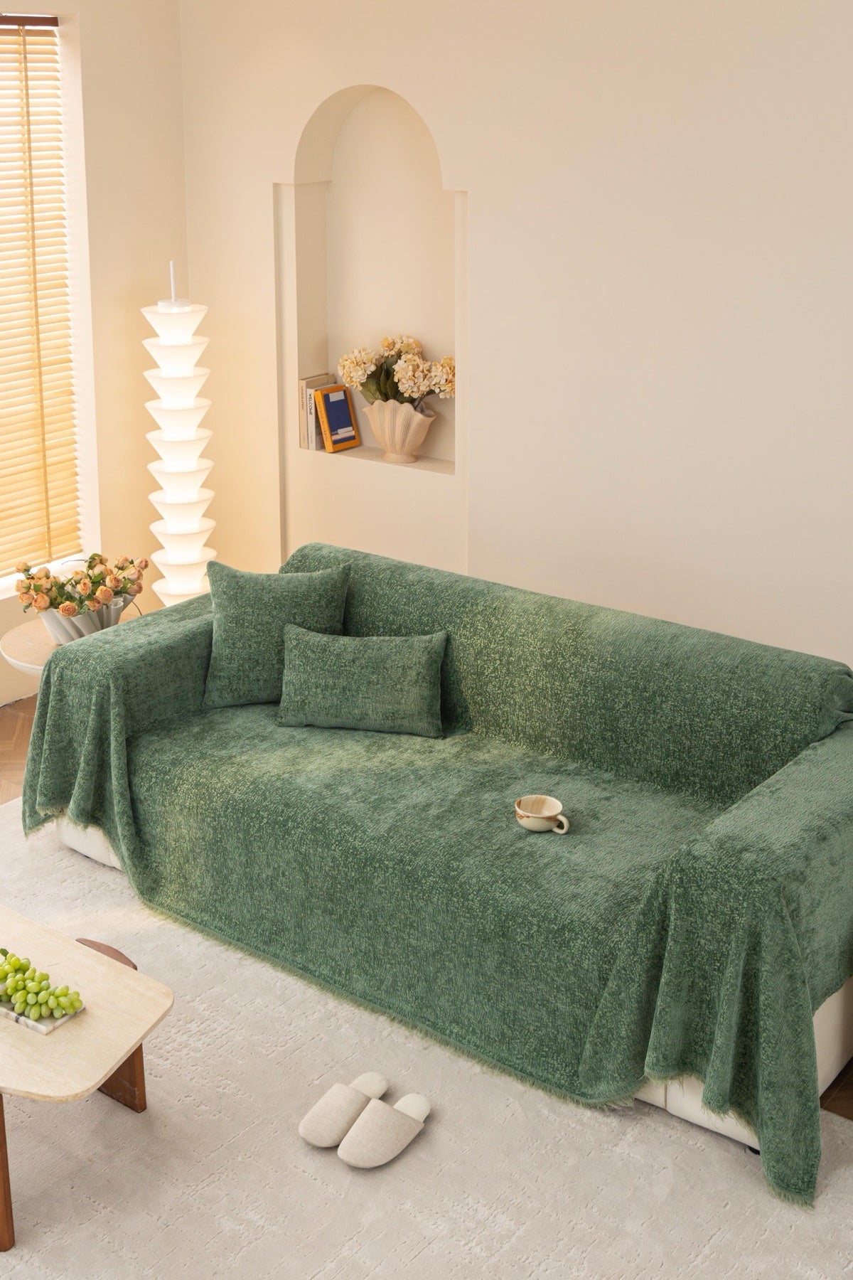 Decor Cedar Solene Textured Chenille Sofa Throw Cover in Sage Green - full sofa throw cover styling for soft chenille couch cover in United States, image 15