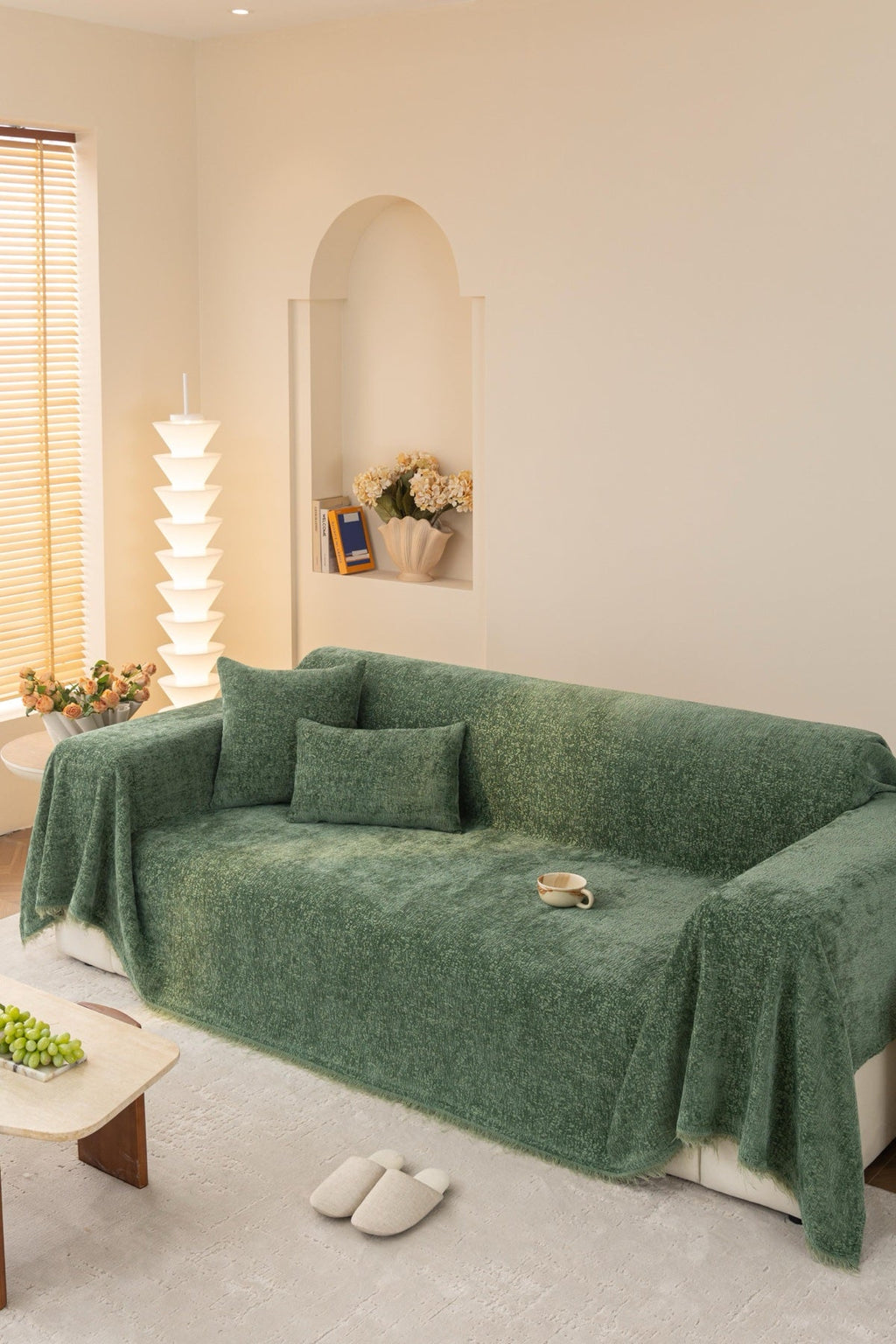 Decor Cedar Solene Textured Chenille Sofa Throw Cover in Sage Green - full sofa throw cover styling for soft chenille couch cover in United States, image 16
