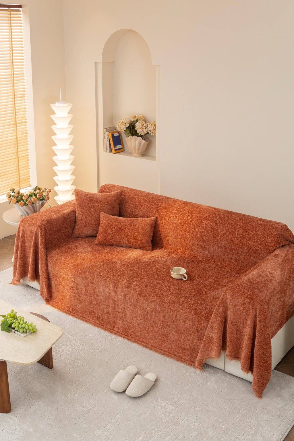 Decor Cedar Solene Textured Chenille Sofa Throw Cover in Terracotta Rust - full sofa throw cover styling for soft chenille couch cover in United States, image 28