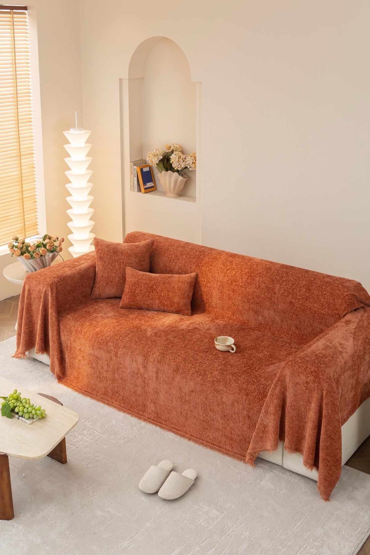 Decor Cedar Solene Textured Chenille Sofa Throw Cover in Terracotta Rust - full sofa throw cover styling for soft chenille couch cover in United States, image 28