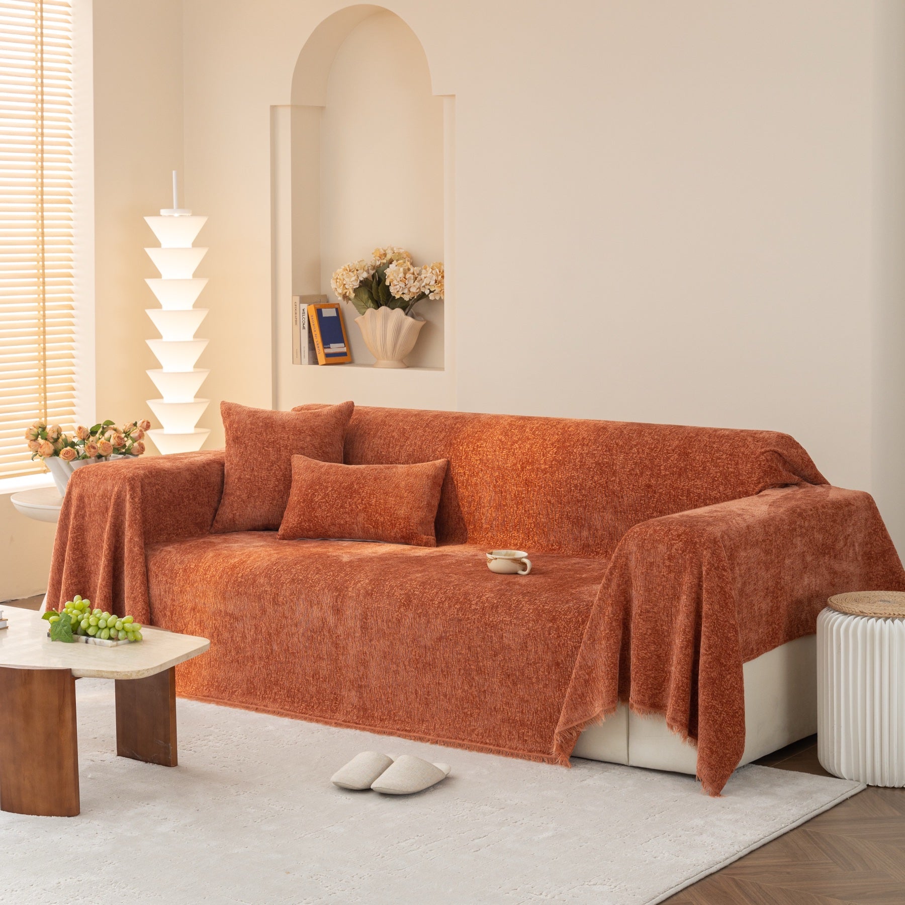 Decor Cedar Solene Textured Chenille Sofa Throw Cover in Terracotta Rust - full sofa throw cover styling for soft chenille couch cover in United States, image 27