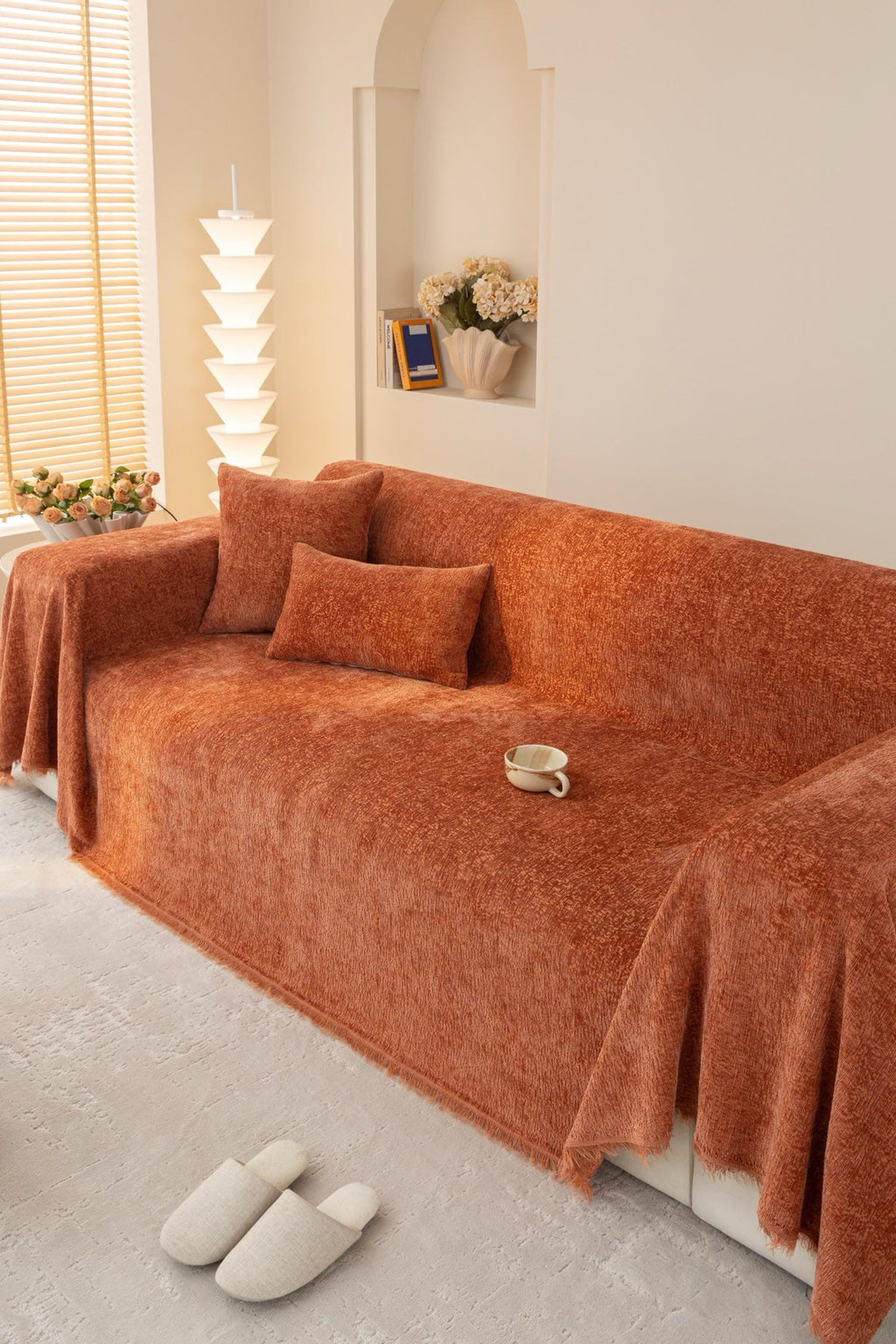 Decor Cedar Solene Textured Chenille Sofa Throw Cover in Terracotta Rust - full sofa throw cover styling for soft chenille couch cover in United States, image 29
