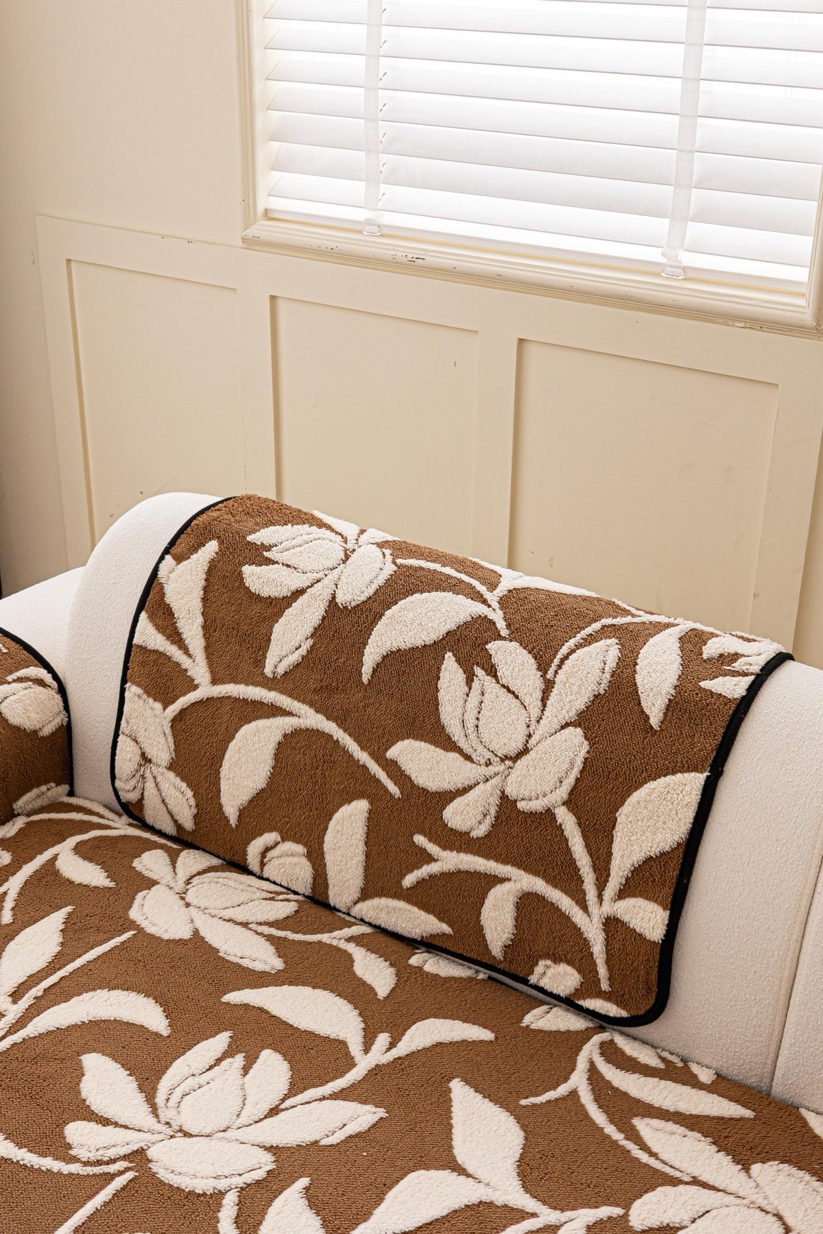 Decor Cedar Willow Quilted Leaf Sofa Seat Cover in Cocoa Leaf - back cushion fit view for quilted sofa seat covers in United States