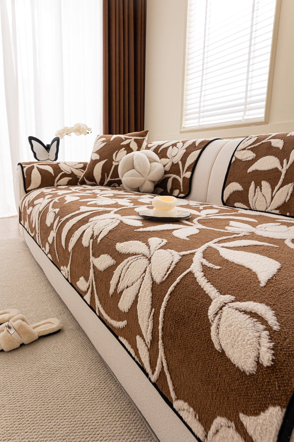 Decor Cedar Willow Quilted Leaf Sofa Seat Cover in Cocoa Leaf - styled sofa seat cover for quilted sofa seat covers in United States