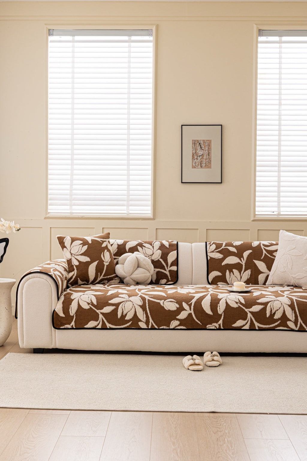 Decor Cedar Willow Quilted Leaf Sofa Seat Cover in Cocoa Leaf - front sofa fit view for quilted sofa seat covers in United States