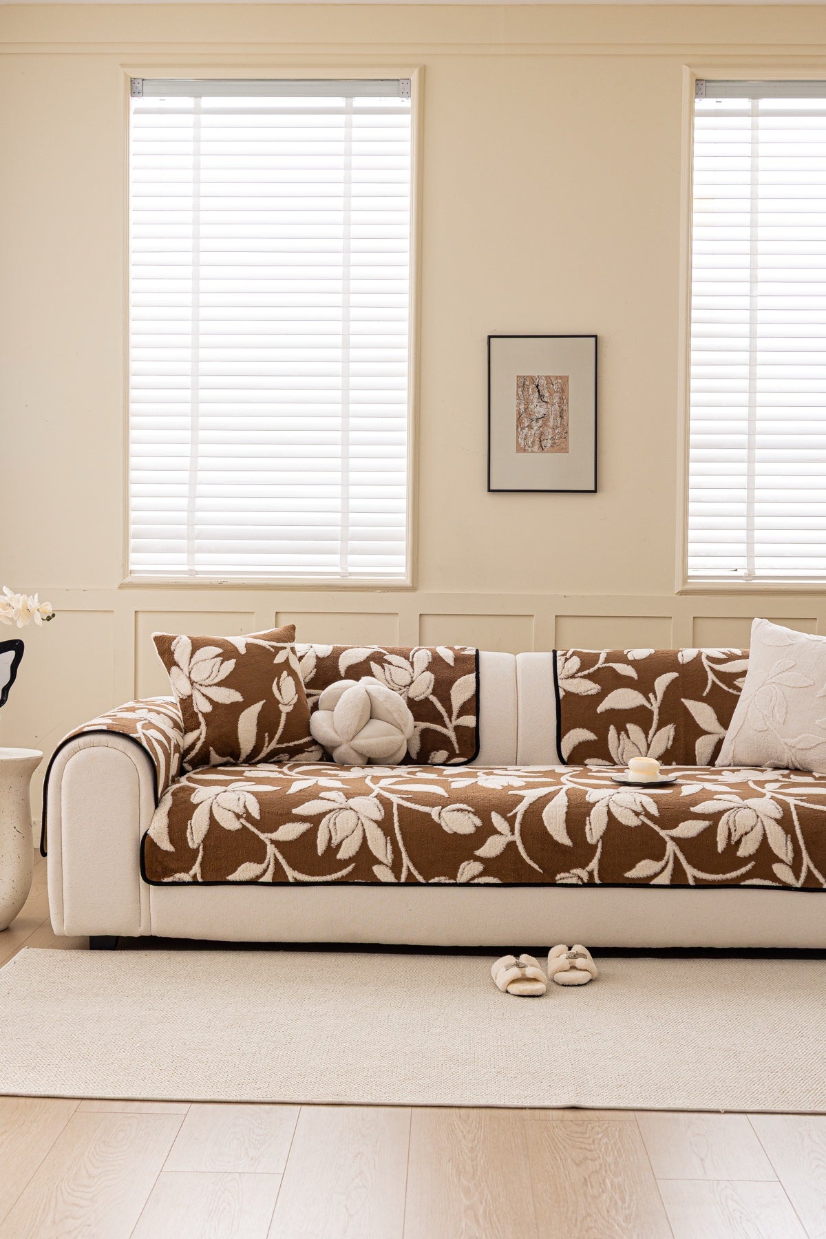Decor Cedar Willow Quilted Leaf Sofa Seat Cover in Cocoa Leaf - front sofa fit view for quilted sofa seat covers in United States
