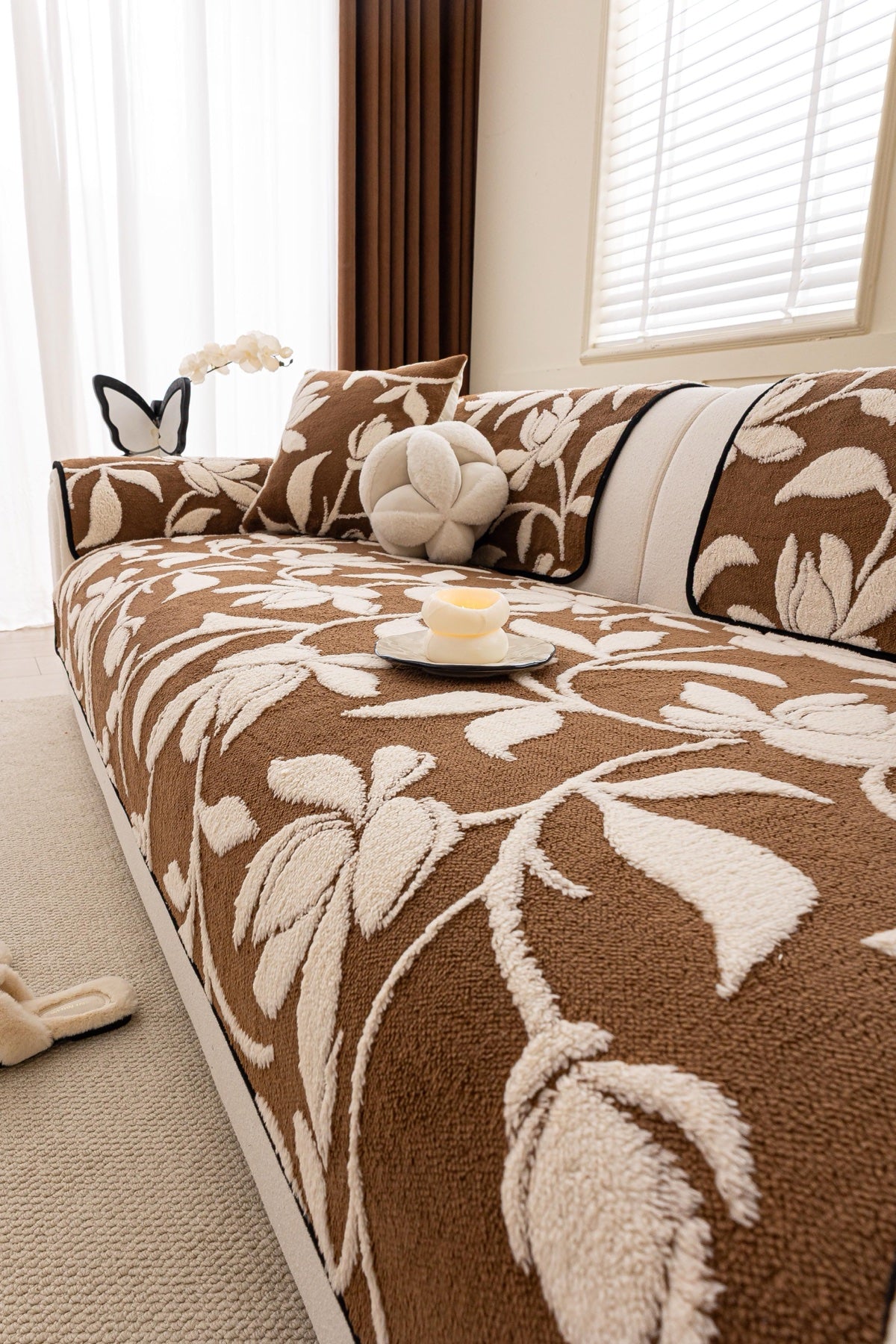 Decor Cedar Willow Quilted Leaf Sofa Seat Cover in Cocoa Leaf - styled sofa seat cover for quilted sofa seat covers in United States