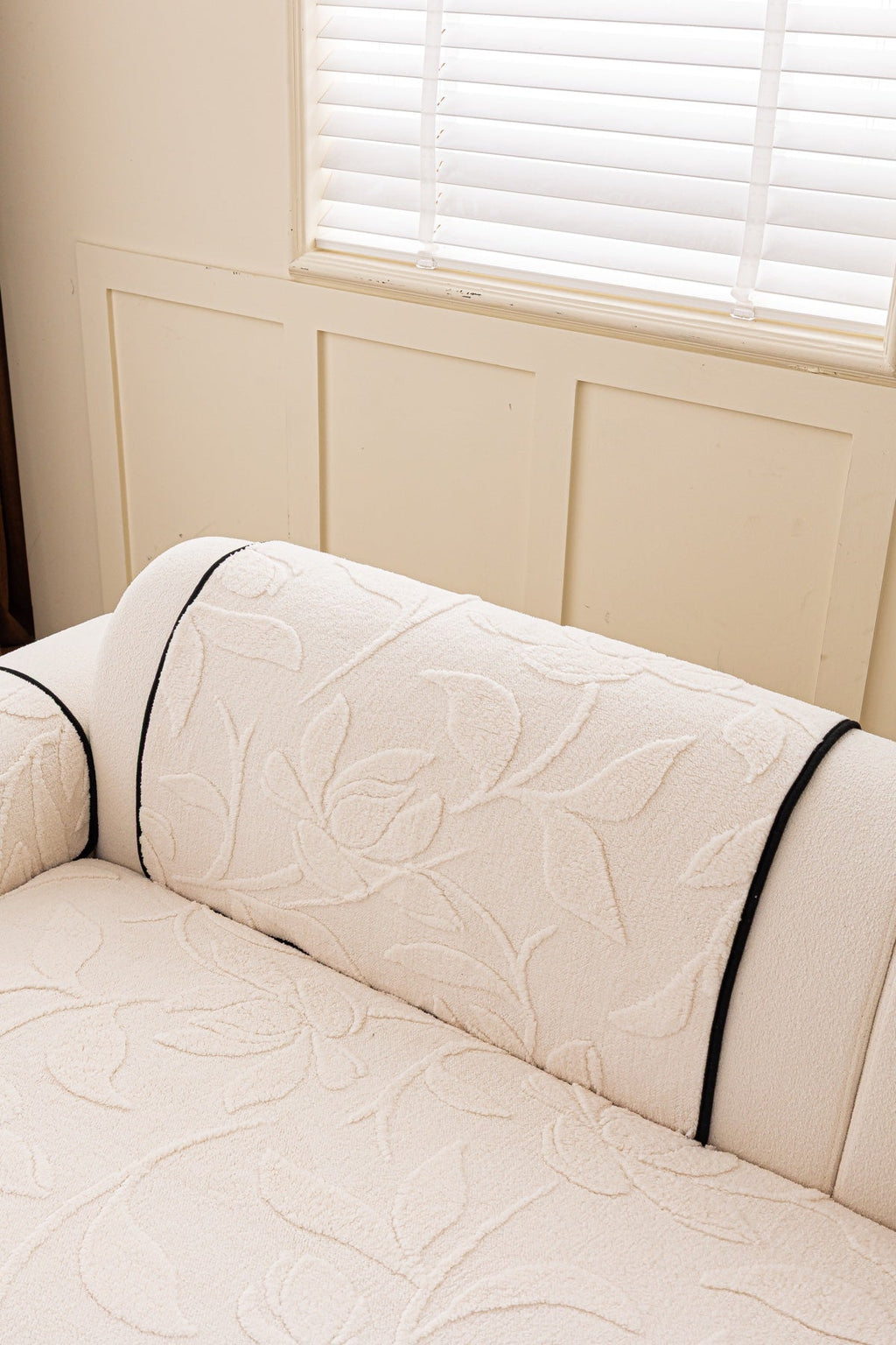 Decor Cedar Willow Quilted Leaf Sofa Seat Cover in Ivory Leaf - back cushion fit view for quilted sofa seat covers in United States