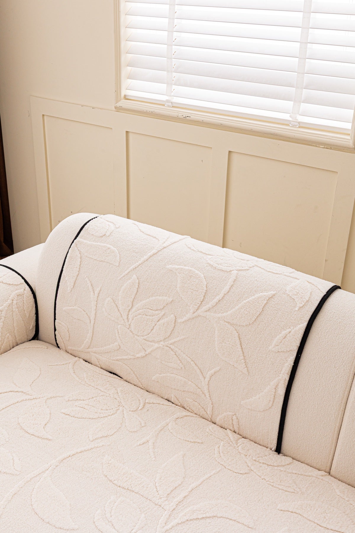 Decor Cedar Willow Quilted Leaf Sofa Seat Cover in Ivory Leaf - back cushion fit view for quilted sofa seat covers in United States