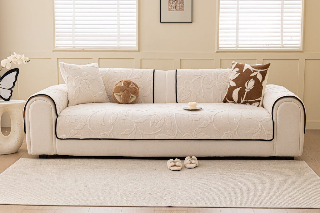 Decor Cedar Willow Quilted Leaf Sofa Seat Cover in Ivory Leaf - front sofa fit view for quilted sofa seat covers in United States