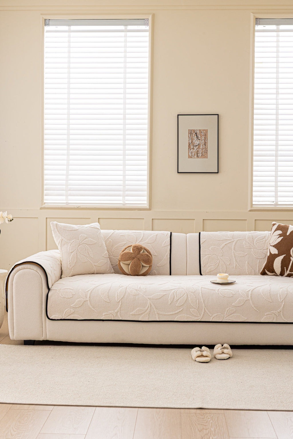 Decor Cedar Willow Quilted Leaf Sofa Seat Cover in Ivory Leaf - front sofa fit view for quilted sofa seat covers in United States