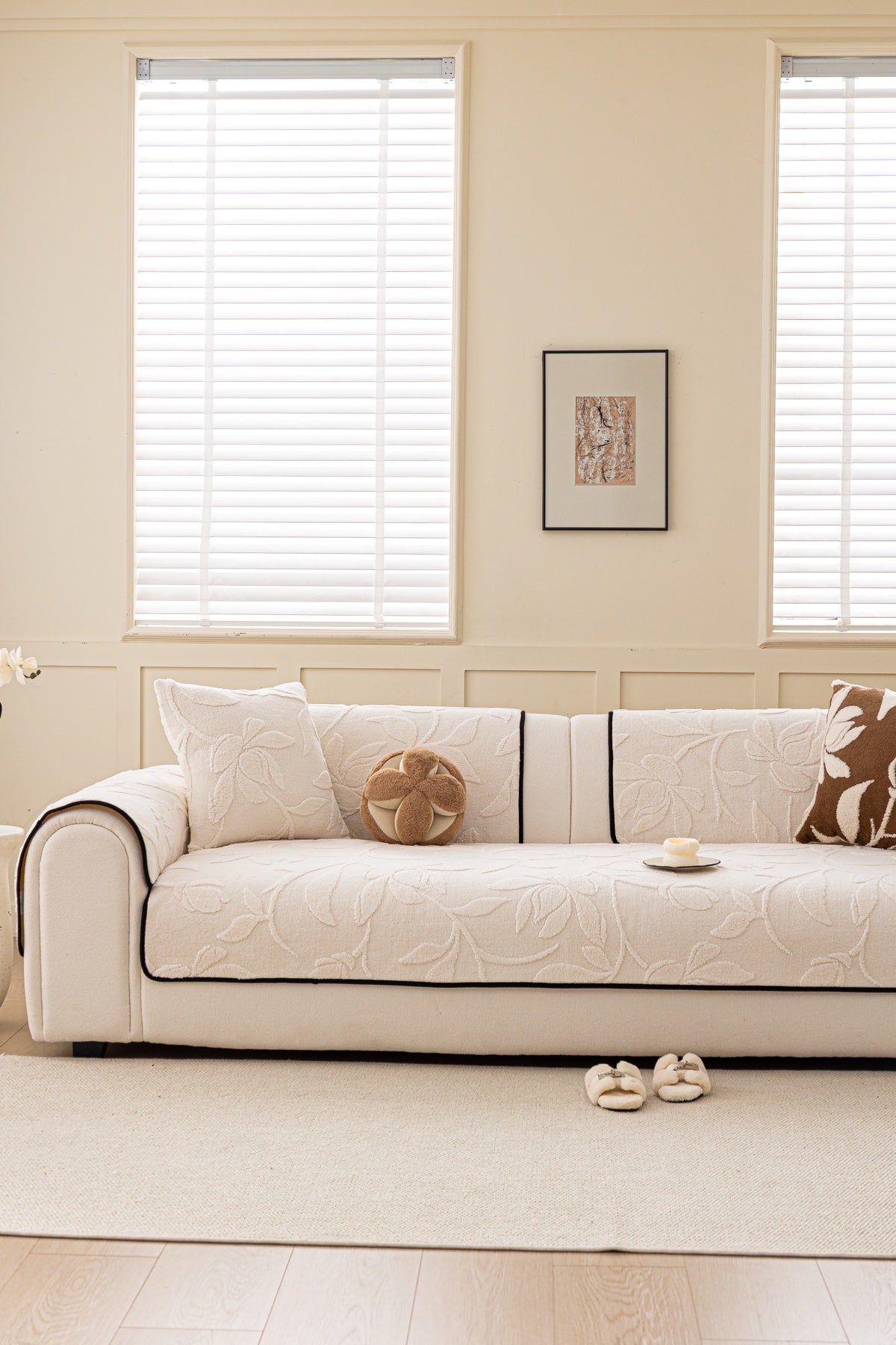 Decor Cedar Willow Quilted Leaf Sofa Seat Cover in Ivory Leaf - front sofa fit view for quilted sofa seat covers in United States