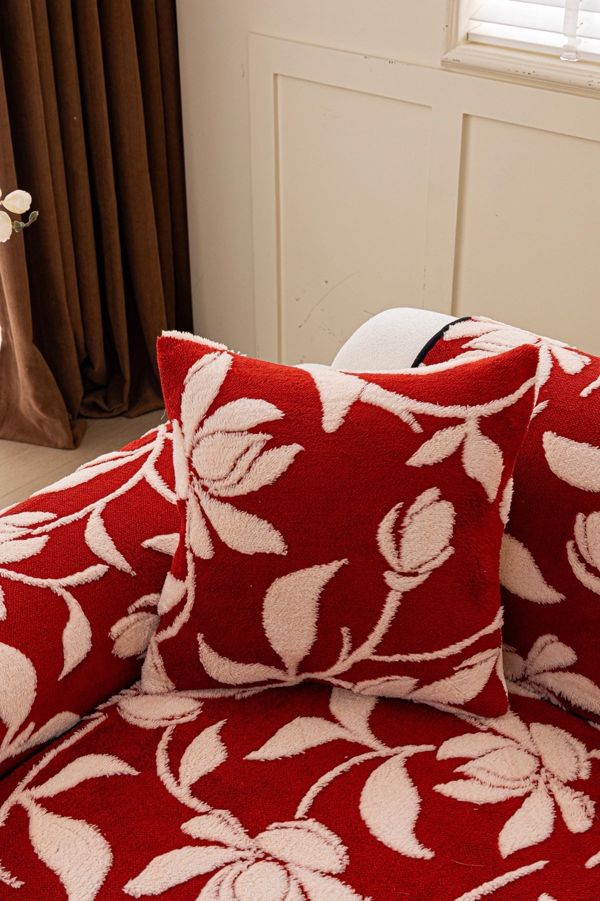 Decor Cedar Willow Quilted Leaf Sofa Seat Cover in Ruby Leaf - back cushion fit view for quilted sofa seat covers in United States