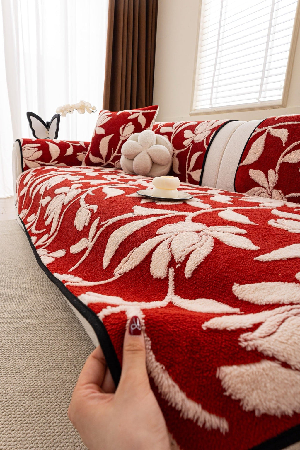 Decor Cedar Willow Quilted Leaf Sofa Seat Cover in Ruby Leaf - styled sofa seat cover for quilted sofa seat covers in United States