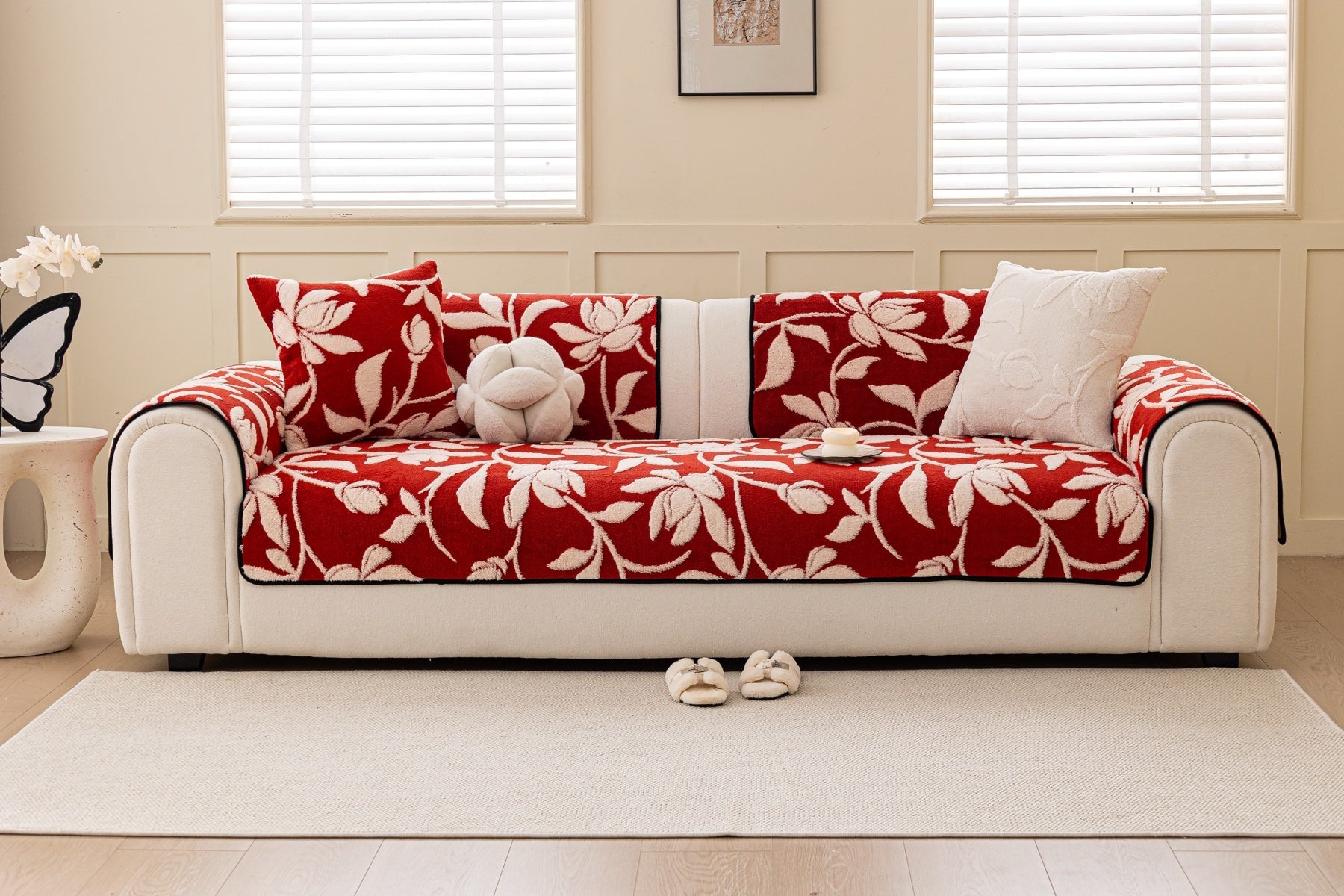 Decor Cedar Willow Quilted Leaf Sofa Seat Cover in Ruby Leaf - front sofa fit view for quilted sofa seat covers in United States