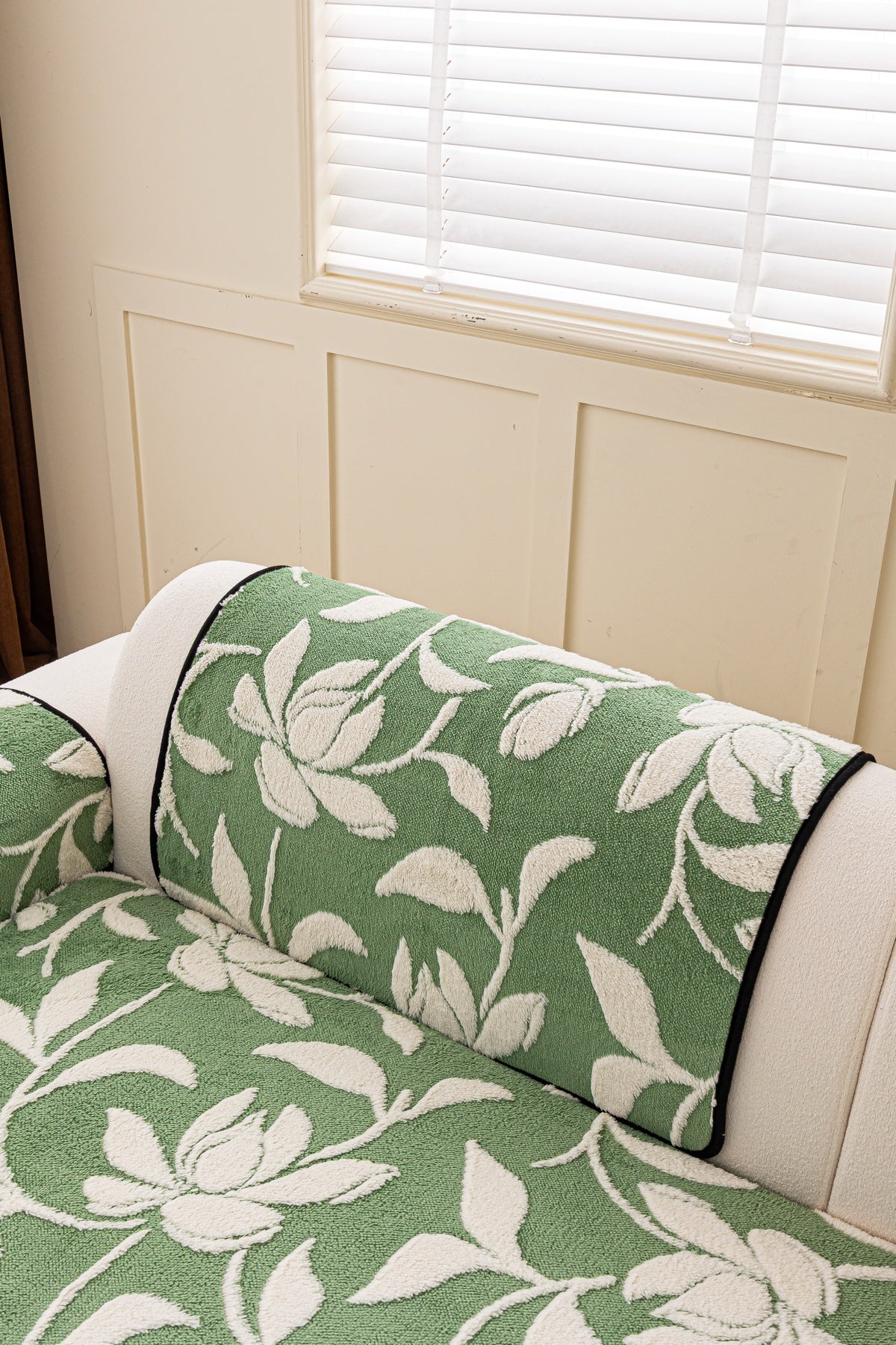 Decor Cedar Willow Quilted Leaf Sofa Seat Cover in Sage Leaf - back cushion fit view for quilted sofa seat covers in United States