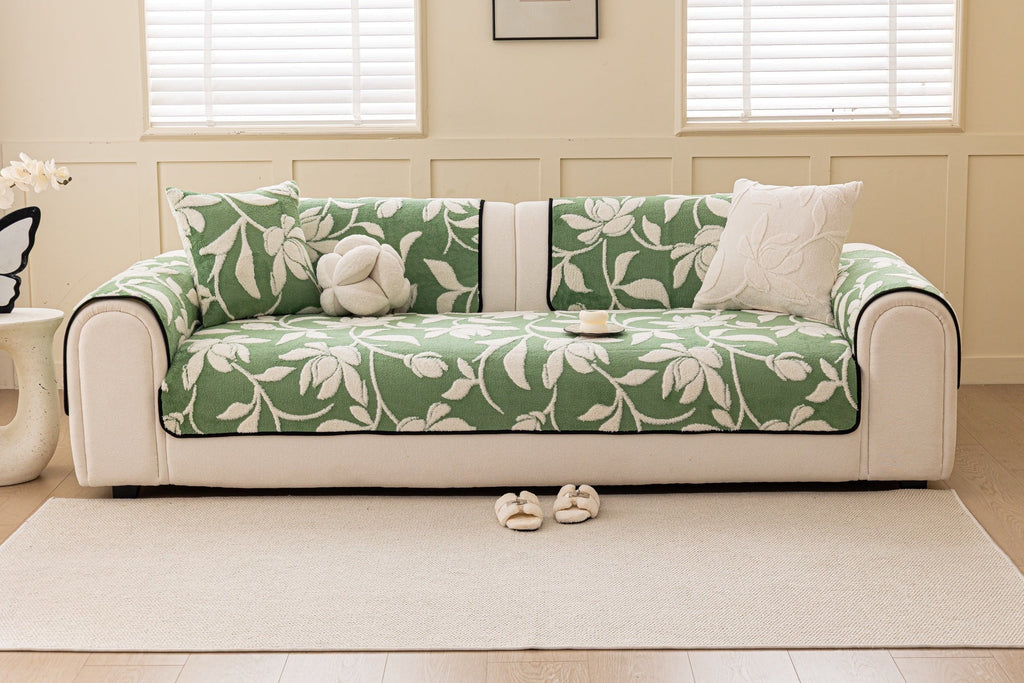Decor Cedar Willow Quilted Leaf Sofa Seat Cover in Sage Leaf - front sofa fit view for quilted sofa seat covers in United States