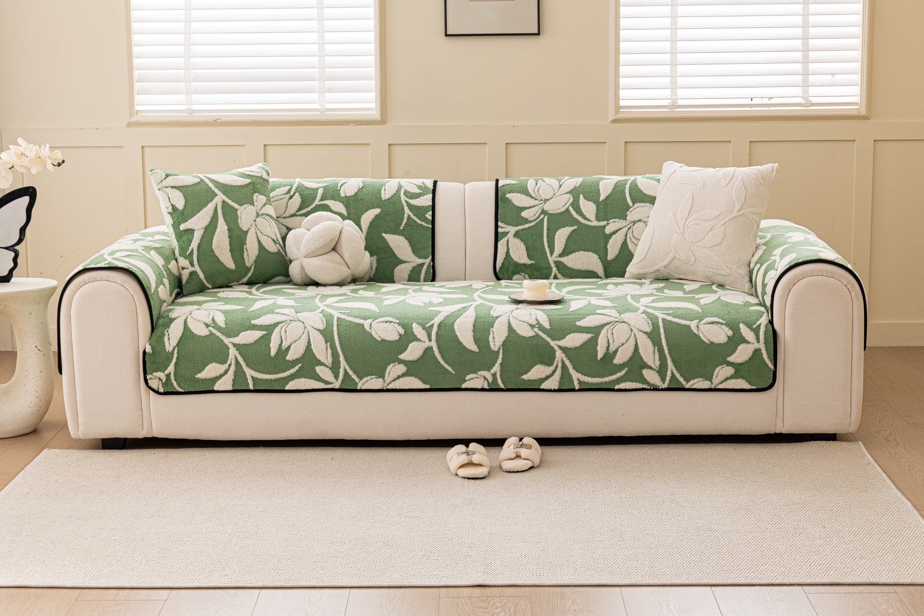 Decor Cedar Willow Quilted Leaf Sofa Seat Cover in Sage Leaf - front sofa fit view for quilted sofa seat covers in United States
