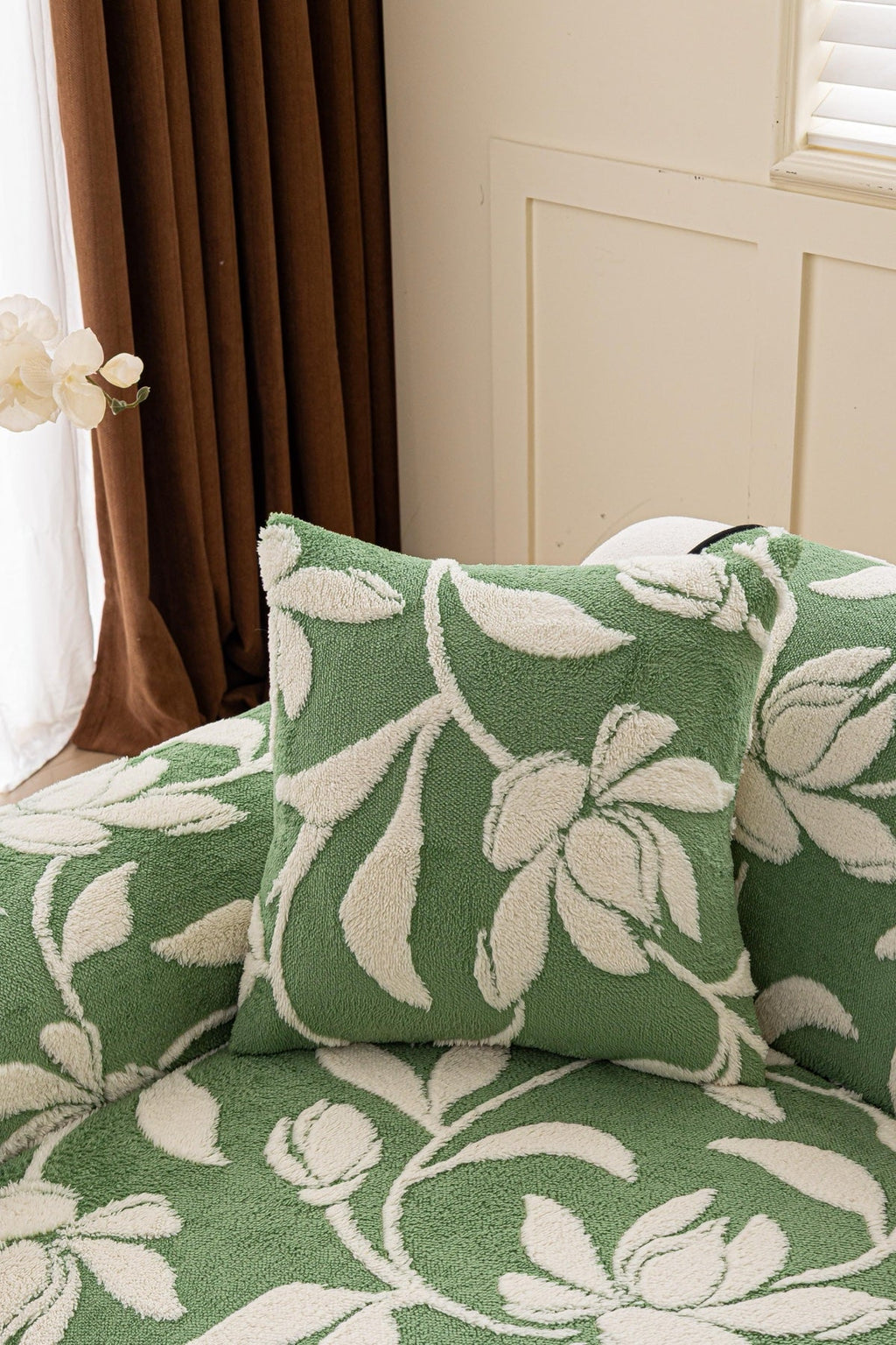 Decor Cedar Willow Quilted Leaf Sofa Seat Cover in Sage Leaf - back cushion fit view for quilted sofa seat covers in United States
