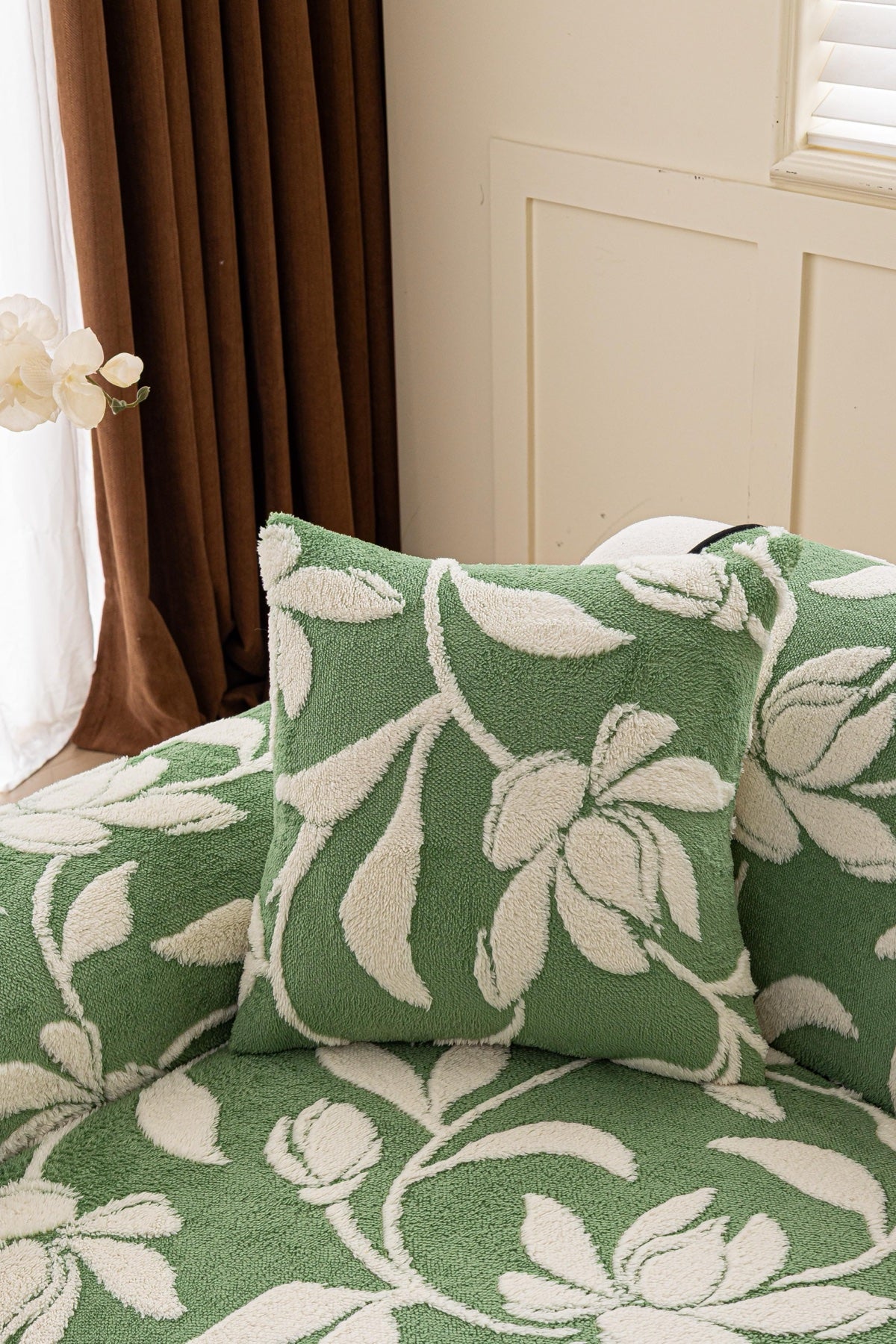 Decor Cedar Willow Quilted Leaf Sofa Seat Cover in Sage Leaf - back cushion fit view for quilted sofa seat covers in United States