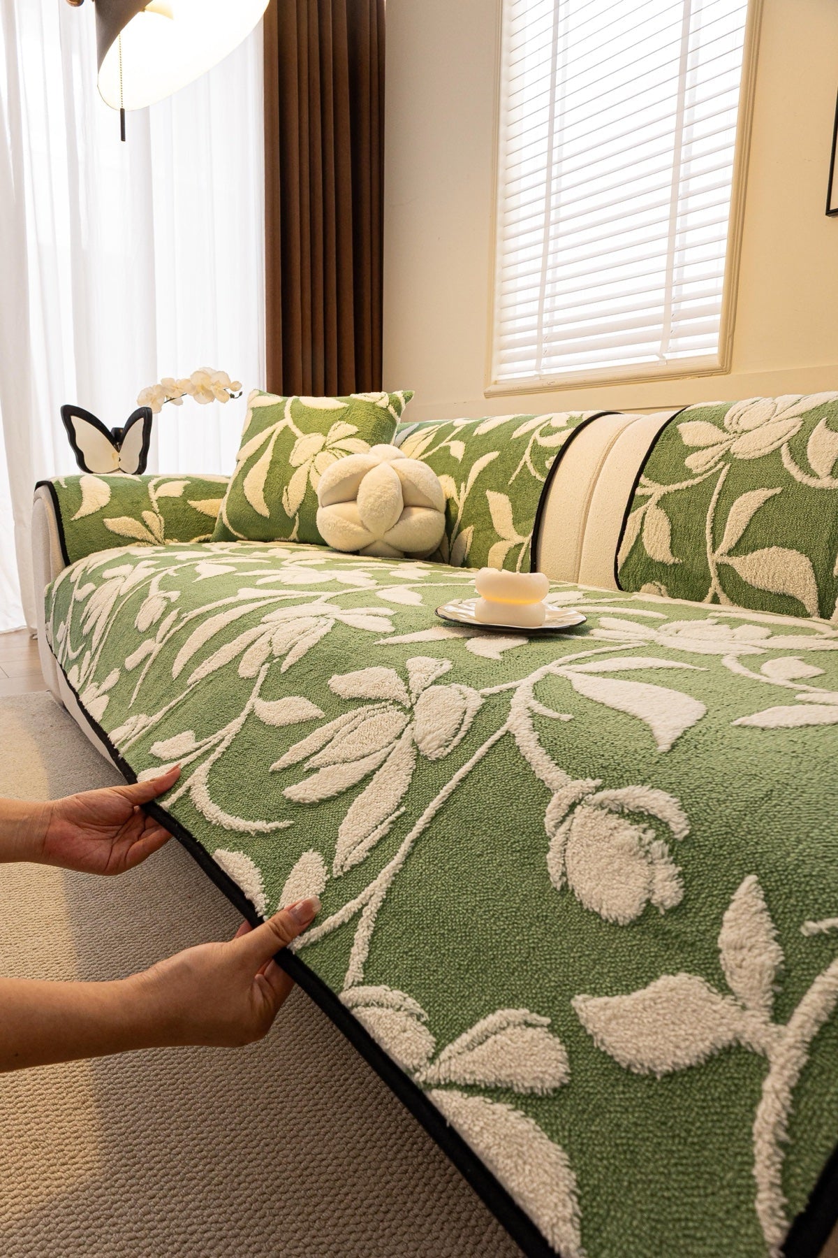 Decor Cedar Willow Quilted Leaf Sofa Seat Cover in Sage Leaf - styled sofa seat cover for quilted sofa seat covers in United States