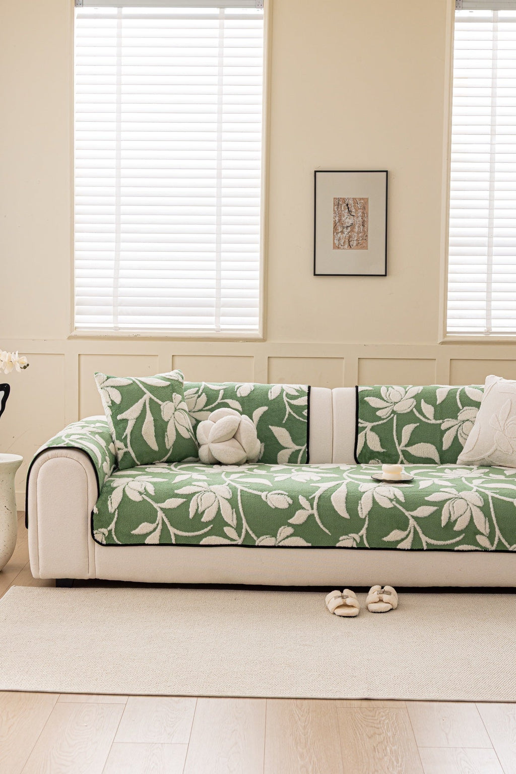 Decor Cedar Willow Quilted Leaf Sofa Seat Cover in Sage Leaf - front sofa fit view for quilted sofa seat covers in United States