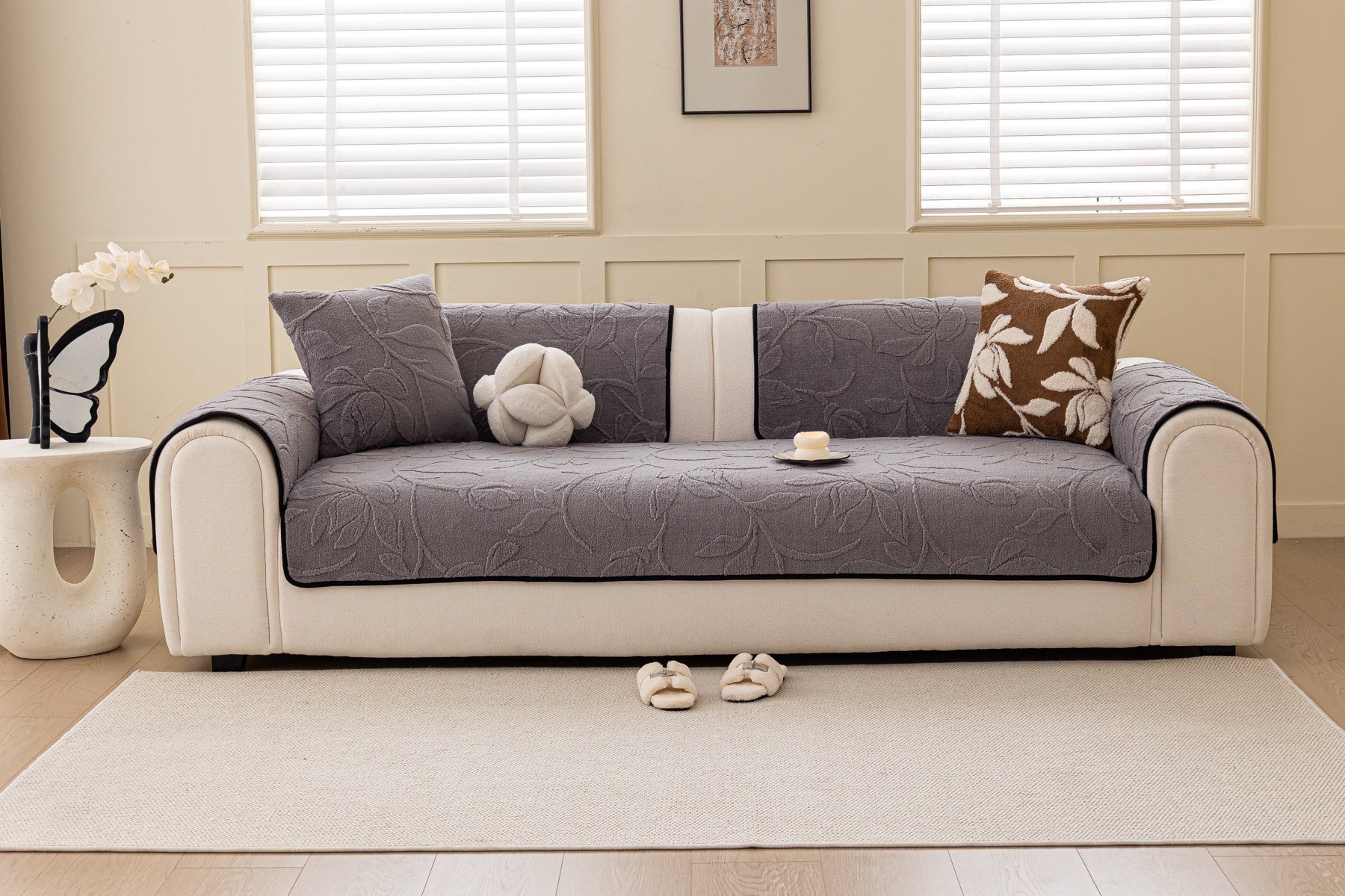 Decor Cedar Willow Quilted Leaf Sofa Seat Cover in Smoke Gray Leaf - front sofa fit view for quilted sofa seat covers in United States