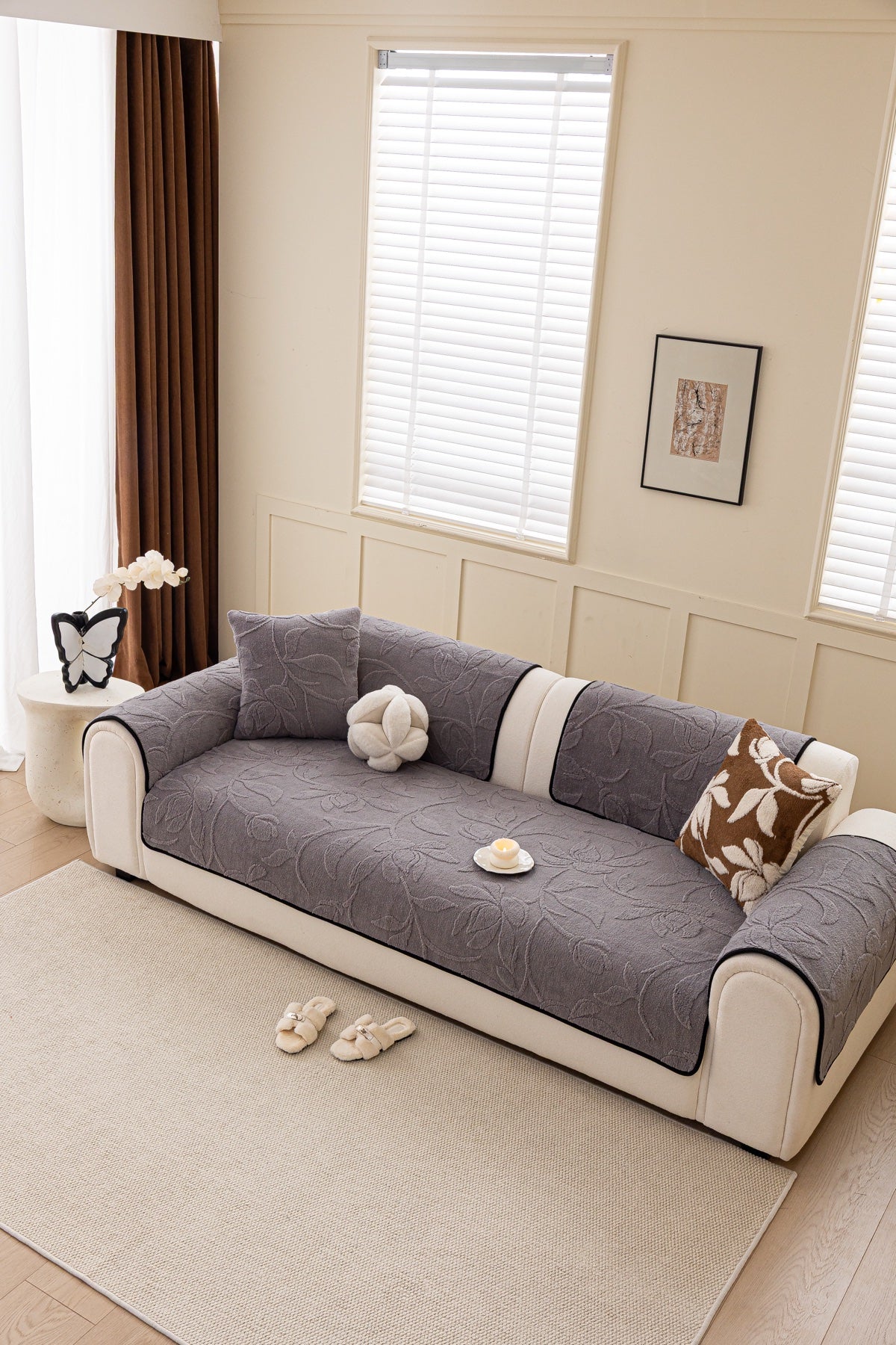Decor Cedar Willow Quilted Leaf Sofa Seat Cover in Smoke Gray Leaf - front sofa fit view for quilted sofa seat covers in United States
