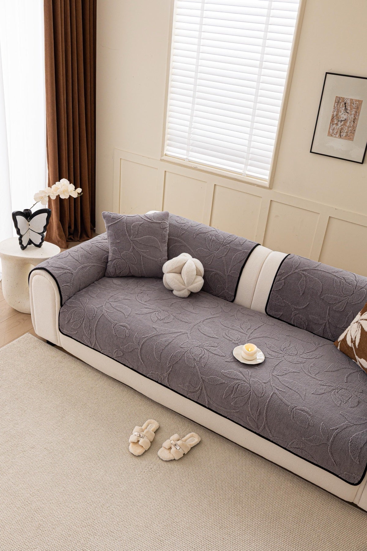Decor Cedar Willow Quilted Leaf Sofa Seat Cover in Smoke Gray Leaf - styled sofa seat cover for quilted sofa seat covers in United States